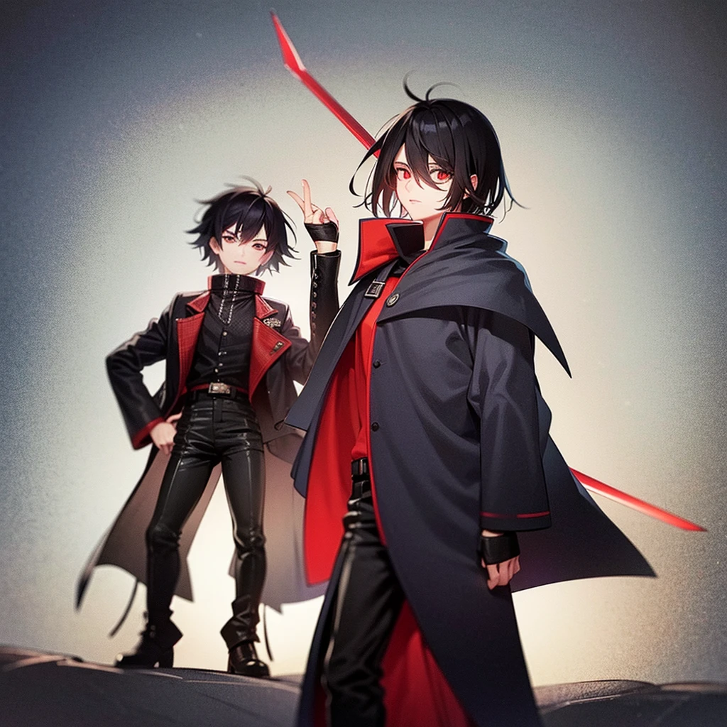 create a male anime character, 1.85 with a strong physical body and with a sword in the sheath, his clothes are just black pants and boots, he has crimson red eyes and black hair. (make a simple red background)