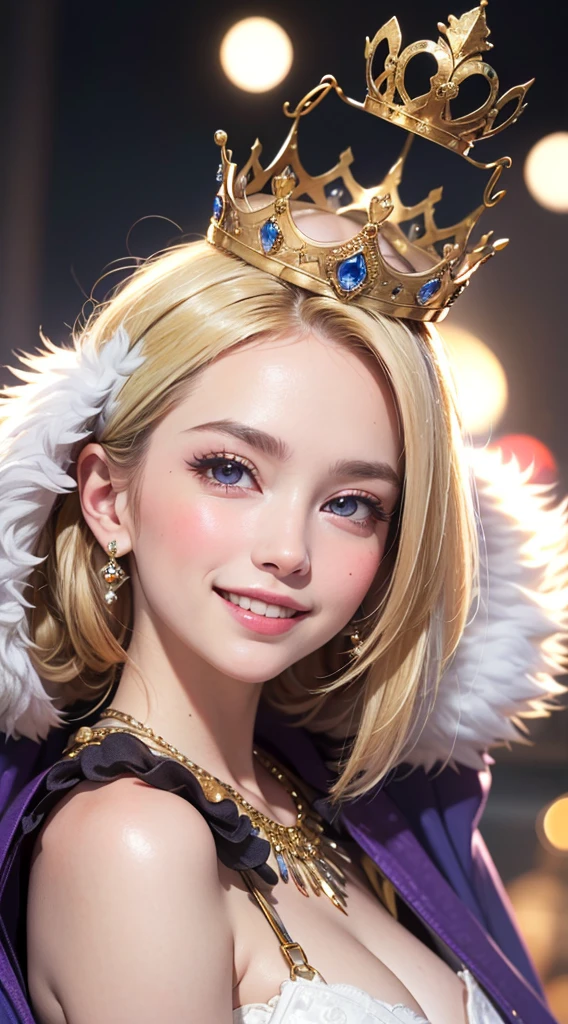 (UHD, retina, masterpiece, ccurate, anatomically correct, textured skin, super detail, high details, high quality, best quality, highres, 1080P, HD, 4K, 8k, 16k), (beautiful detailed eyes, beautiful detailed lips, extremely detailed eyes and face), studio lighting, physically-based rendering, vivid colors, [big tits, super big tits, super extra big tits, glamorous body], (crown, crown, purple cloak, white fur), (portrait, blonde hair, shiny hair, shiny skin), (bokeh), (tilt your head to the side:1.5), eye reflection, (blush, smile:1.5)、カウボーイショット、