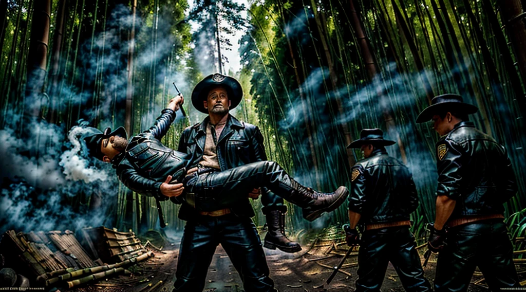 The Captain of the Forest -- closed leather jacket, long pants and hunter's boots, with a straw hat, he is wounded and is carried by the men who are his henchmen = one on the left side, the other on the right side - - a lot of smoke - he is carried by two henchmen - a lot of smoke - the captain of the forest carried by henchmen gets up from the ground - leaving the forest in the background a bamboo grove