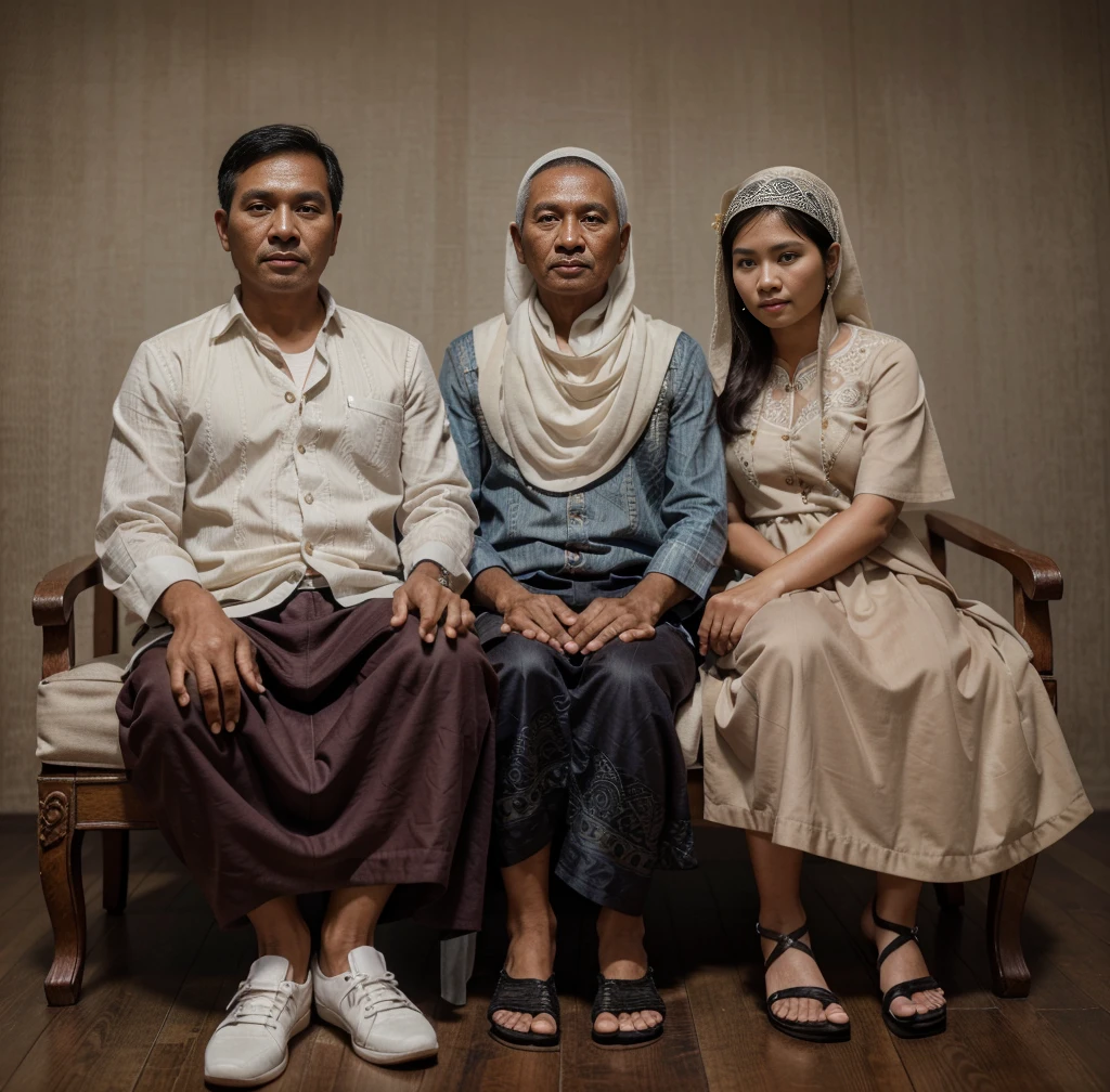 high quality, best quality, photo-realistic, raw-photo, ultra-detailed, High definition, masterpiece, intricate details, detailed texture, finely detailed, Family photo from Indonesia, three people in the photo