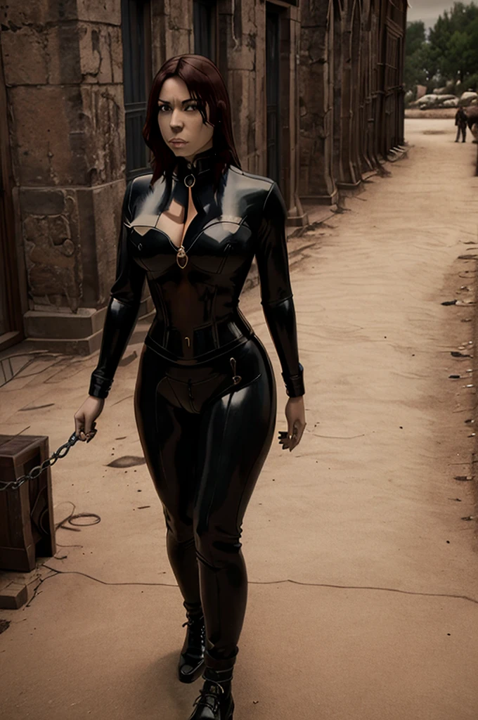 a solo female figure in a black latex suit, long brown hair, looking directly at the viewer, holding the end of a leash, dark-skinned, extremely detailed, photorealistic, 8k, high quality, cinematic lighting, dramatic contrast, moody atmosphere, iris, gothic, mysterious