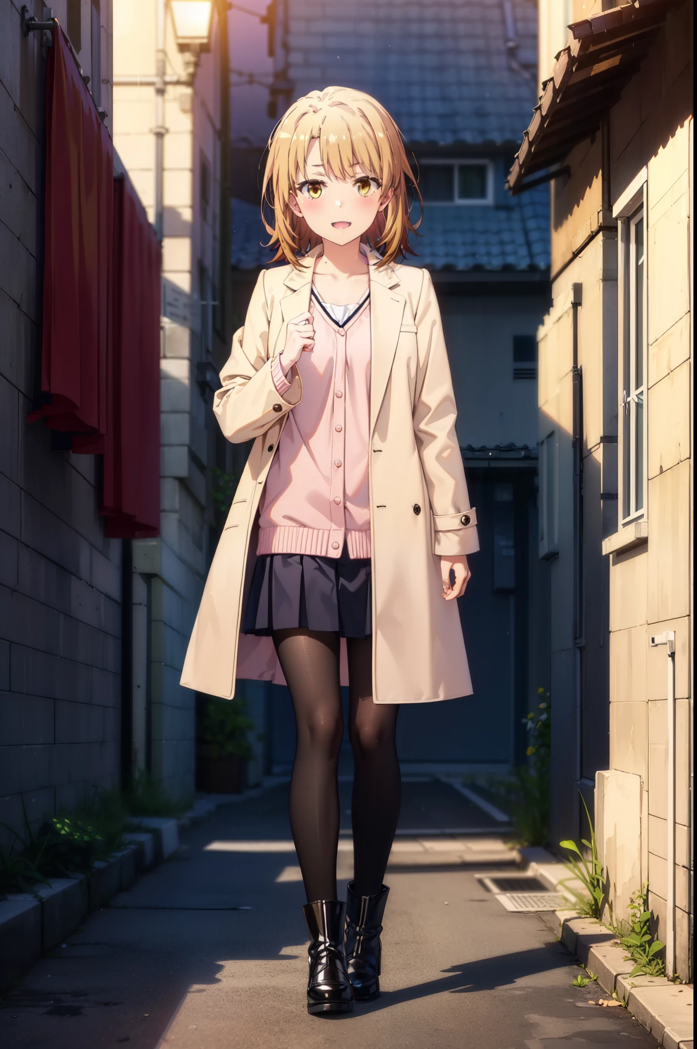 Irohaisshiki, isshiki iroha, short hair, Brown Hair, (Brown eyes:1.5), happy smile, smile, Close your mouth,blush,rain,Pink oversized coat,V-neck shirt,mini skirt,Black pantyhose,short boots,Leaning against the wall,Hiding in a roofed building,whole bodyがイラストに入るように,
break outdoors, Building district,
break looking at viewer,whole body,
break (masterpiece:1.2), Highest quality, High resolution, unity 8k wallpaper, (figure:0.8), (Beautiful attention to detail:1.6), Highly detailed face, Perfect lighting, Highly detailed CG, (Perfect hands, Perfect Anatomy),