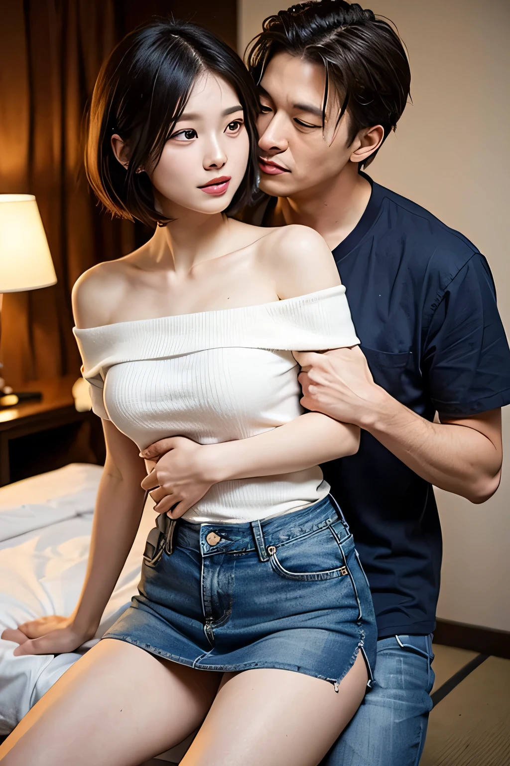 masterpiece，highest quality，Advanced Details，1 male，1 female，((Hotel Bedroom:1.4))、((Japanese woman with short hair:1.4))，18-year-old female:1.7、((A woman wearing a white short-sleeved off-the-shoulder shirt and a denim miniskirt:1.4))，1 Japanese middle-aged male，Black Haired Man，That man is very handsome，((A man hugs a woman and touches her breasts:1.4))，The woman is short，The man is tall，Reflects the height difference between men and women，The woman&#39;s height is 160cm.，The man&#39;s height is 175cm，((They&#39;re both standing next to the bed.:1.5))、Women are the protagonists、Women are skinny，Small breasted women、