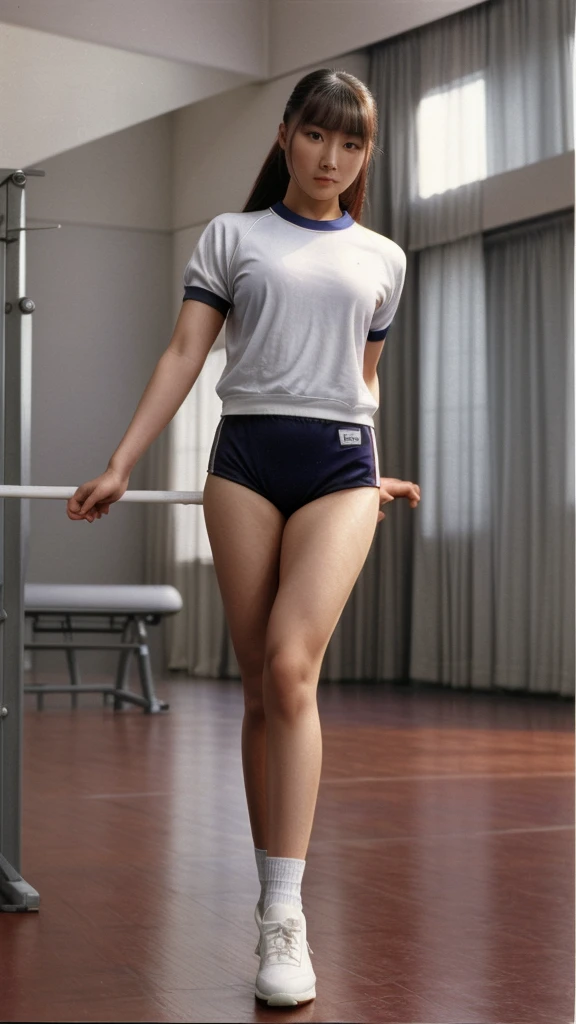 Chinese woman in gym uniform full body standing, best quality, masterpiece 1980s style