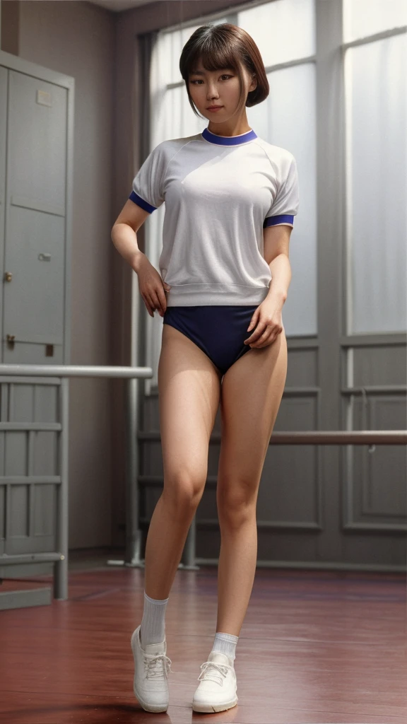 Chinese woman in gym uniform full body standing, best quality, masterpiece 1980s style