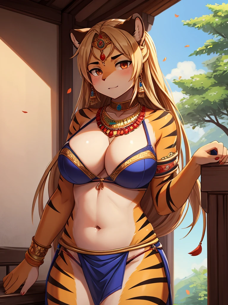 loincloth , Indian Style bra , Ancient India , A strong wind is blowing , Kathakali , motion blur , Brown Skin , plump , (Bengal Tiger:0.9) , Kama Sutra , Secret Petals while dripping nectar