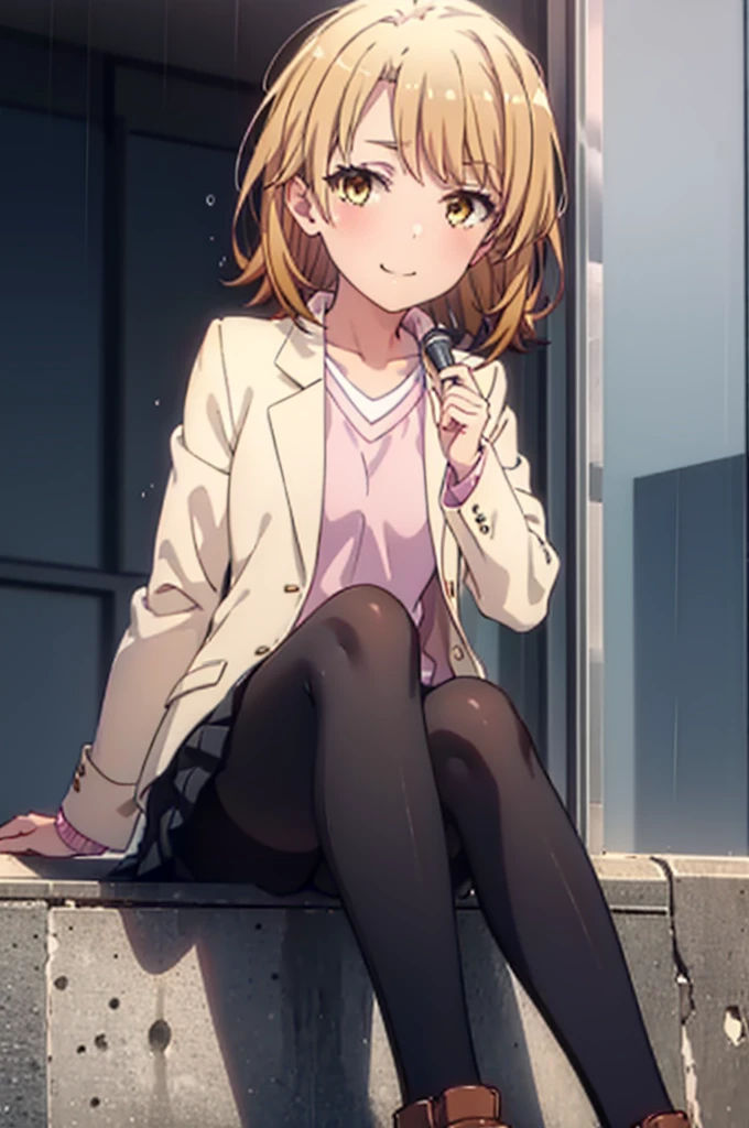 Irohaisshiki, isshiki iroha, short hair, Brown Hair, (Brown eyes:1.5), happy smile, smile, Close your mouth,blush,rain,Pink oversized coat,V-neck shirt,mini skirt,Black pantyhose,short boots,Sitting leaning against the wall,Hiding in a roofed building,whole bodyがイラストに入るように,
break outdoors, Building district,
break looking at viewer,whole body,
break (masterpiece:1.2), Highest quality, High resolution, unity 8k wallpaper, (figure:0.8), (Beautiful attention to detail:1.6), Highly detailed face, Perfect lighting, Highly detailed CG, (Perfect hands, Perfect Anatomy),