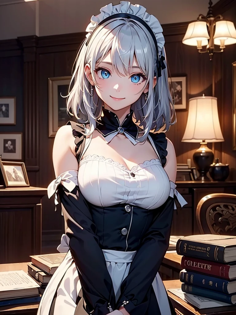 (Ultra high detail、highest quality、official art)、woman alone、mysterious atmosphere、(attractive woman)、28 years old、silver hair、white headband、shortcut、from head to knees、big bust、Black backless maid outfit、blue eyes、Big eyes、smile、archive、old book、indirect lighting、(delicate illustrations)、Light、Light、