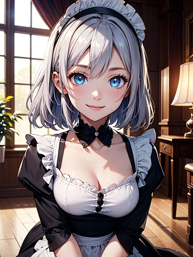 (Ultra high detail、highest quality、official art)、woman alone、mysterious atmosphere、(attractive woman)、28 years old、silver hair、white headband、shortcut、from head to knees、big bust、Black backless maid outfit、blue eyes、Big eyes、smile、archive、old book、indirect lighting、(delicate illustrations)、Light、Light、