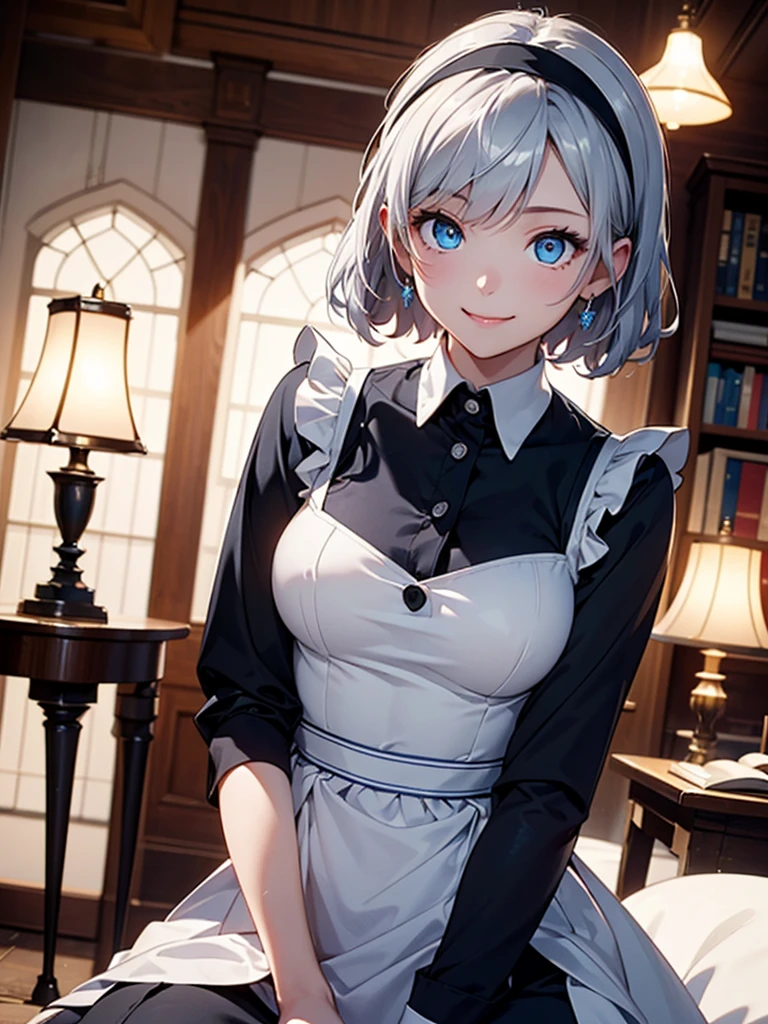 (Ultra high detail、highest quality、official art)、woman alone、mysterious atmosphere、(attractive woman)、28 years old、silver hair、white headband、shortcut、from head to knees、big bust、Black backless maid outfit、blue eyes、Big eyes、smile、archive、old book、indirect lighting、(delicate illustrations)、Light、Light、
