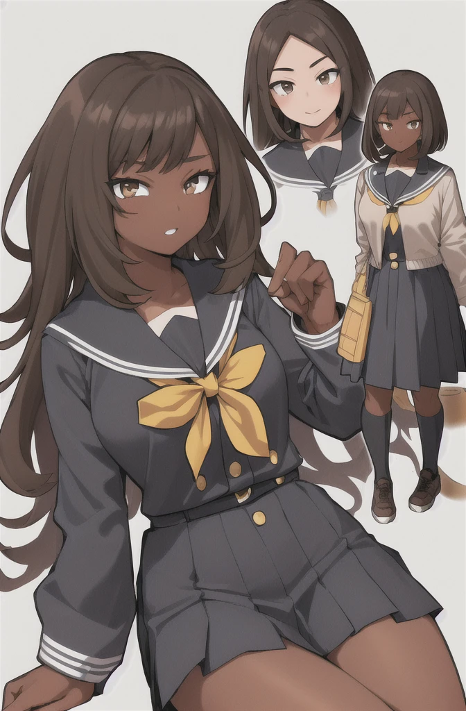 Horikoshi Kouhei, 1 girl, Dark skin, , high school clothes, dark brown hair, borroso background, Boku no hero academia, high resolution, Brown eyes, almond eyes, long hair, afro hair