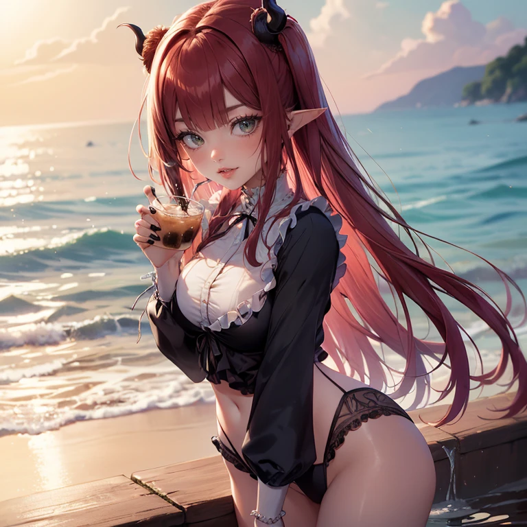 Rizu-kyun, ornament hair, horns, vampire girl, perfectly body, perfectly hands, wave hair, red hair, long hair, green eyes, red swin suit, more details on her clothes, beach scene, red swin suit with black details, night, ornament hair, long hair, 1 girl, Looking at the audience, flowing hair, Beautiful Eyes, Plump and glossy lips, swin suit with too many frills, red swin suit, black laces, red biquini, red gem, Lace trim, luxury gold details, gold jewelry, more details, best quality, Big sparkling eyes, blushing, lace garter, bubbles, solo, centered girl, cowboy shot, perfectly body, perfectly hands, two arms, two legs, two hands, five fingers, perfect anatomy, glowing hair, red hibiscus, 1girl, beach scenery, solo, flowing hair, floating hair, ornament hair, perfectly body, perfectly hands, on the sea, sparkles, more details on her clothes, black details on her dress, holding a bubble tea, ((4k, masterpiece, top-quality)), 8k, best quality, high resolution, UHD, (illustration:0.8), super cute girl, delicate and beautiful face, mature girl, super cute hairstyle, (beautiful detailed eyes:1.6), extremely detailed face, perfect lighting, extremely detailed CG, (perfect hands, perfect anatomy), Best quality 