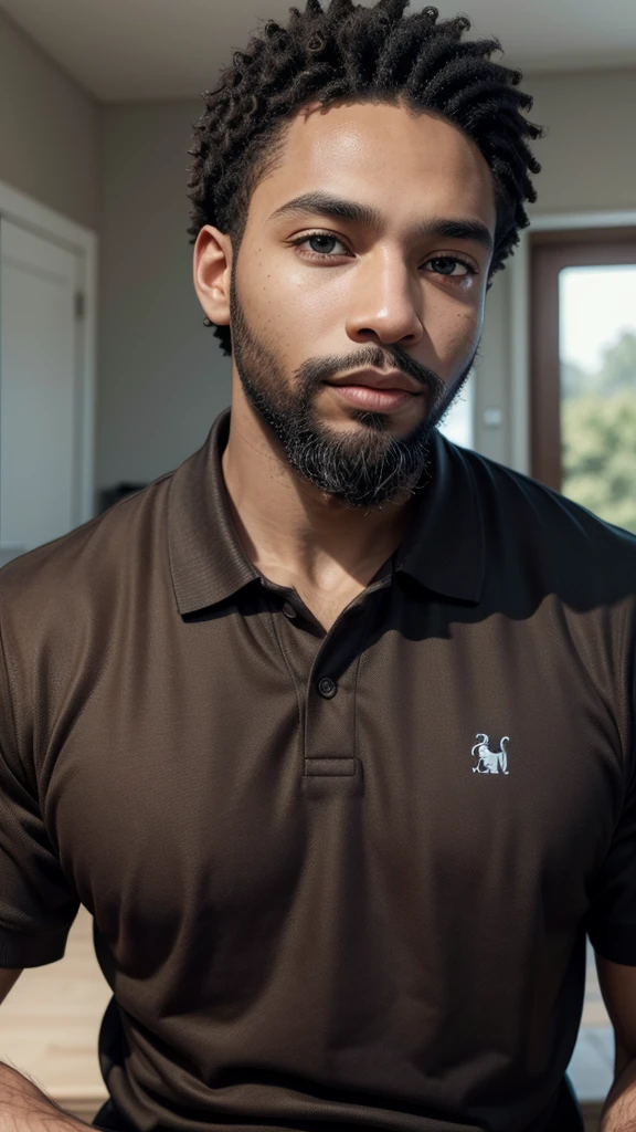 Black man with a beard and polo shirt and light brown eyes 