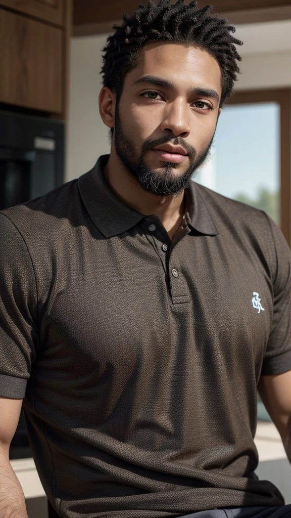 Black man with a beard and polo shirt and light brown eyes 