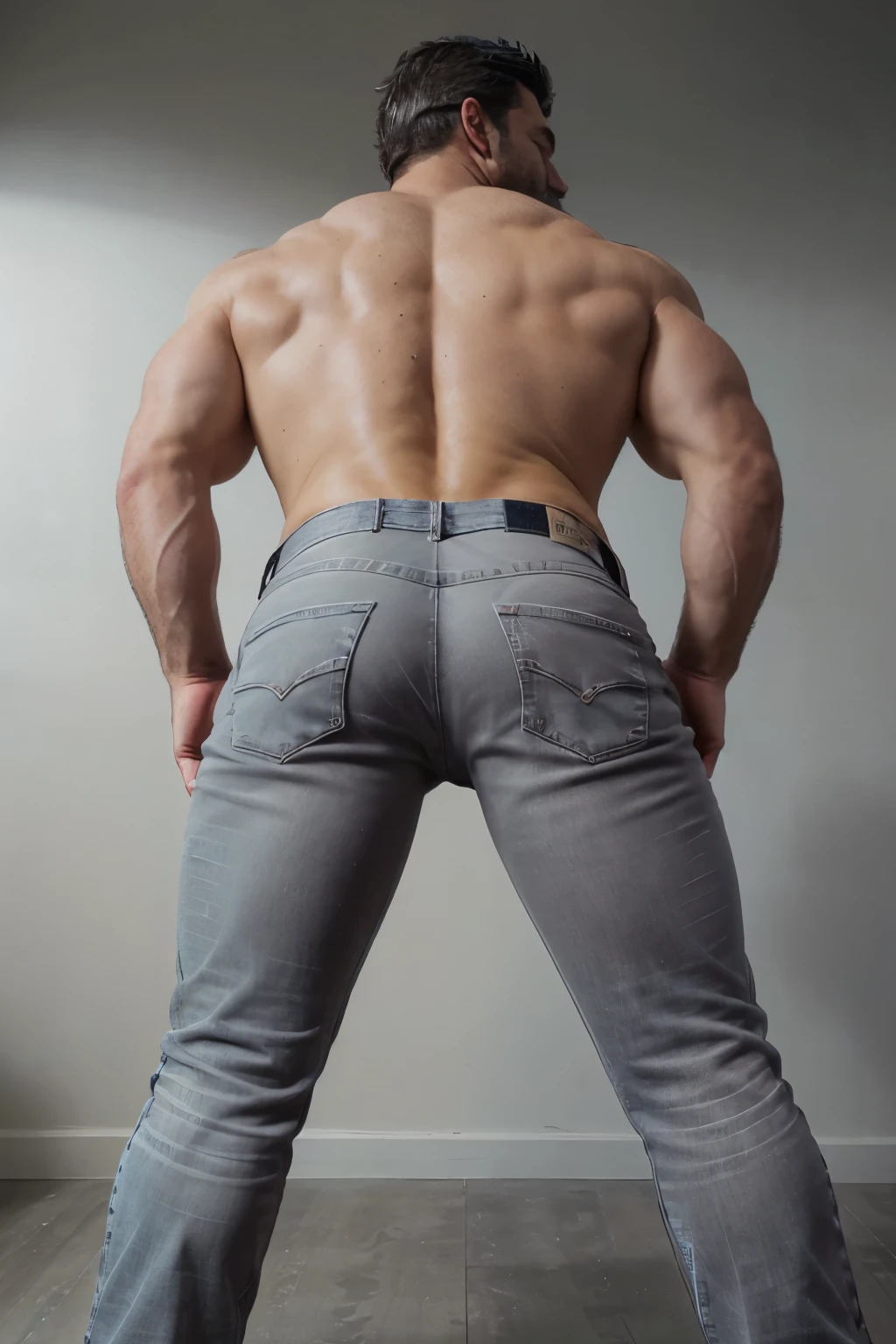 Award-winning original photoen, 30 years old man and wild muscular man, 40 years old, short beards, burly, hunk, wearing shirts, smilling happil, detailed, lovely, ((full body)), (((shirtless )))(((gray jeans))) (((backside))) (((Big butt)))
