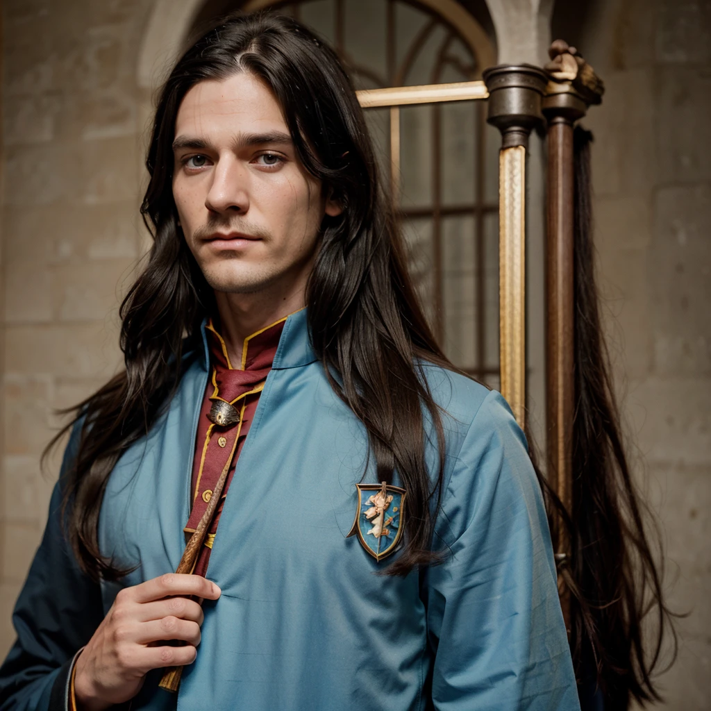 A tall boy, medium-long hair, black hair color, light blue eyes, light foot color, Gryffindor Hogwarts uniform and a scar on his face that starts from his nose and ends from his upper lip.
