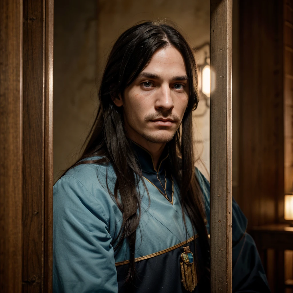 A tall boy, medium-long hair, black hair color, light blue eyes, light foot color, Gryffindor Hogwarts uniform and a scar on his face that starts from his nose and ends from his upper lip.