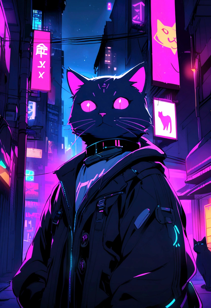 neon, cyberpunk, night, nocturnal, cat,