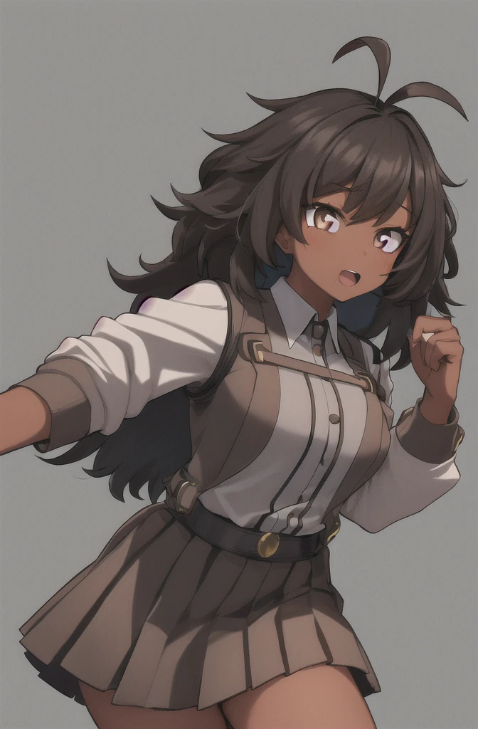 Horikoshi Kouhei, 1 girl, Dark skin, , high school clothes, dark brown hair, borroso background, Boku no hero academia, high resolution, Brown eyes, almond eyes, long hair, afro hair
