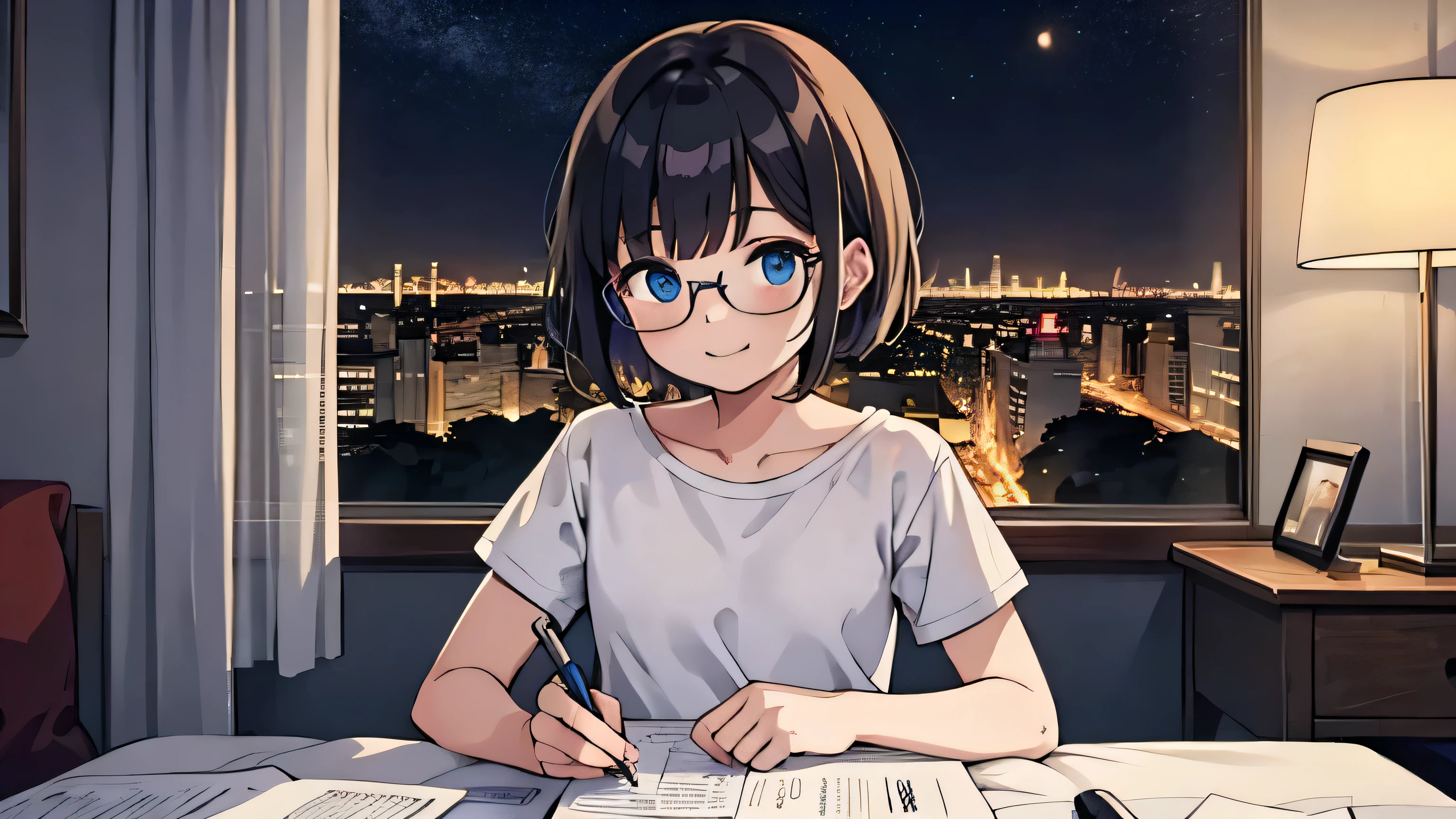 1girl, solo, blue eyes, (detailed eyes), flat chest, short hair, black hair, upper body, gentle smile on her face((masterpiece, illustration, best quality)) A beautiful girl wearing glasses and a large white T-shirt using a computer in her room、Warm lighting at night. Outside the window is a beautiful and high night view of Tokyo, and is writing things at a piece of paper using a pen