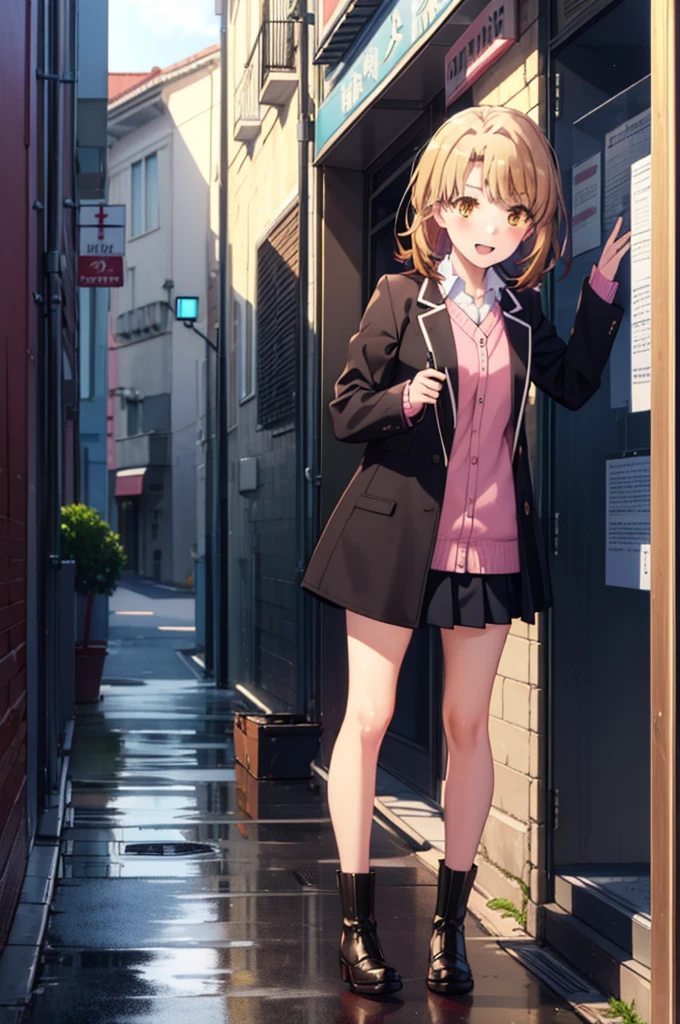 Irohaisshiki, isshiki iroha, short hair, Brown Hair, (Brown eyes:1.5), happy smile, smile, Close your mouth,blush,rain,Pink oversized coat,V-neck shirt,mini skirt,Black pantyhose,short boots,Leaning against the wall,Hiding in a roofed building,whole bodyがイラストに入るように,
break outdoors, Building district,
break looking at viewer,whole body,
break (masterpiece:1.2), Highest quality, High resolution, unity 8k wallpaper, (figure:0.8), (Beautiful attention to detail:1.6), Highly detailed face, Perfect lighting, Highly detailed CG, (Perfect hands, Perfect Anatomy),