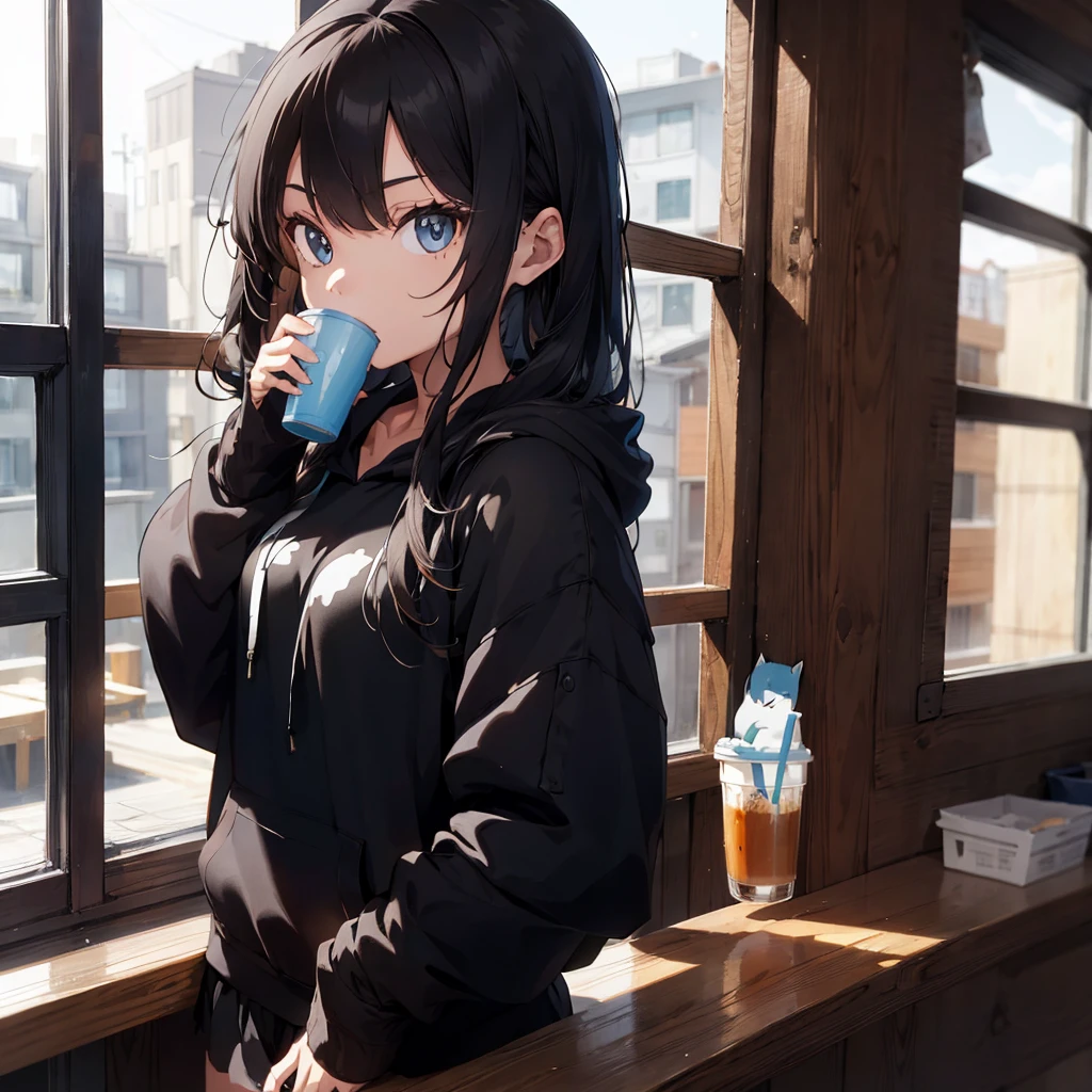 1 girl, black hoodie, long hair, beautiful face, cool, intimidation, black hair, drinking coffee, window, cat girl, anime girl