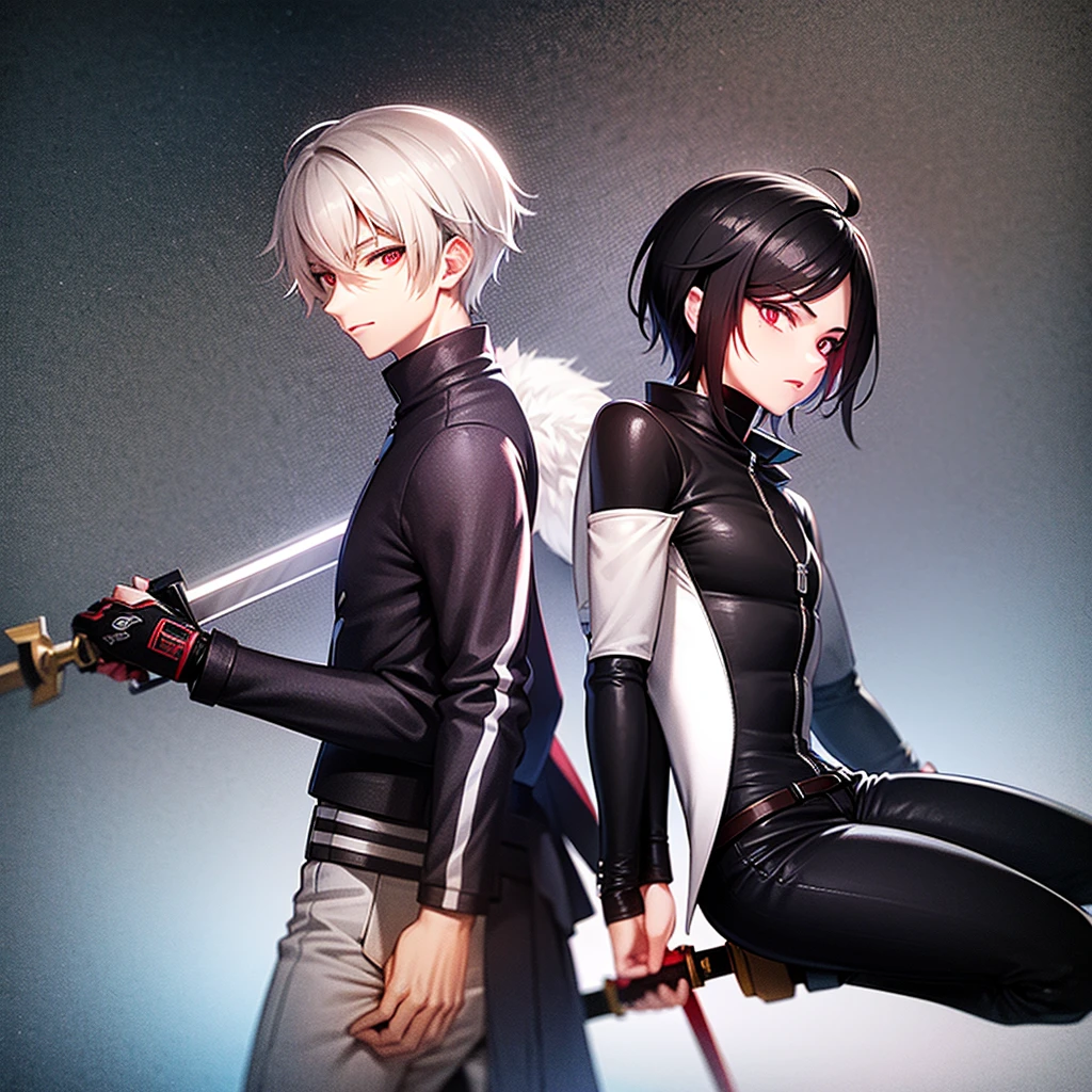 create a male anime character, 1.85 with a strong physical body and with a sword in the sheath, his clothes are just black pants and boots, he has crimson red eyes and black hair. (make a simple red background)