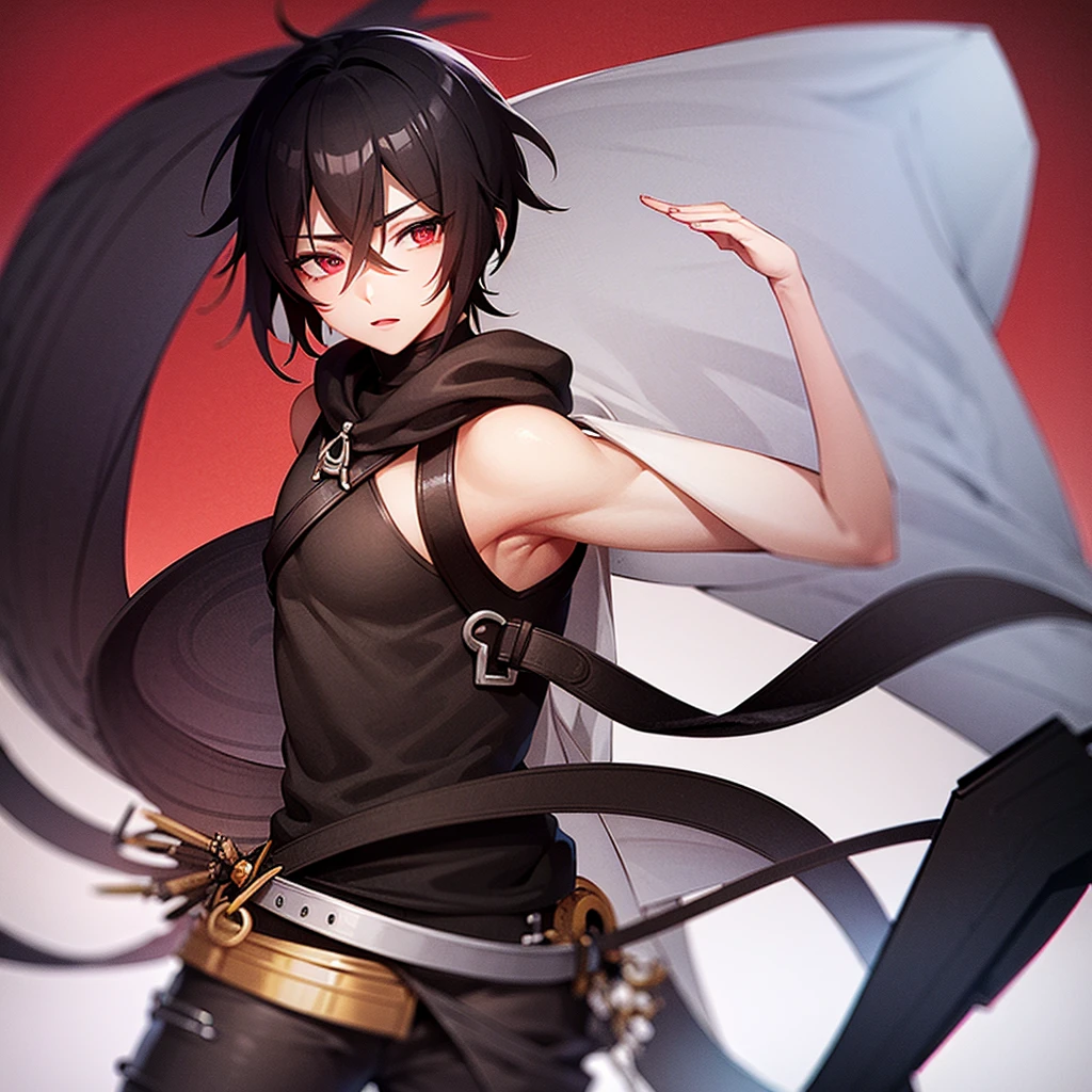 create a male anime character, 1.85 with a strong physical body and with a sword in the sheath, his clothes are just black pants and boots, he has crimson red eyes and black hair. (make a simple red background)