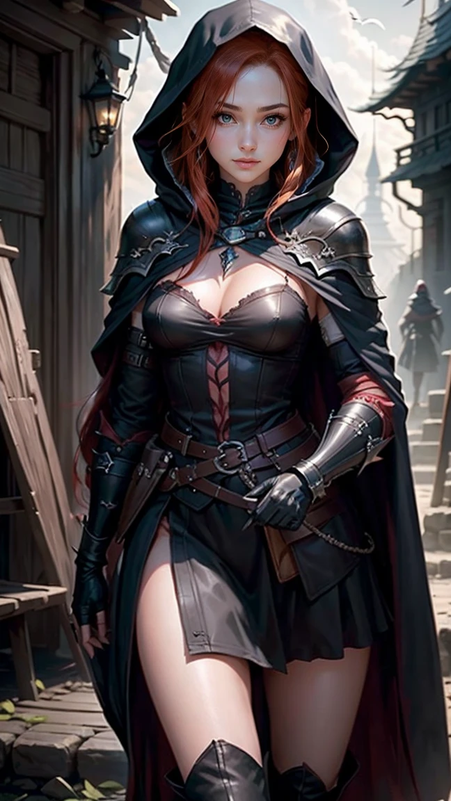 highest quality、masterpiece、8k、Realistic、超High resolution、Very delicate and beautiful、High resolution、Cinema Lighting、medium range shooting、Portraiture、Perfect female body、(Red Hair:1.6)、Opposition、Looking at the audience、((Thieves from Another World、Dark hooded cloak、Quick Movement、Sharp Eye、Light Leather Armor))、Hiding in the Shadows、Lost in the dark night、Quiet Steps、Sharp Dagger、Picking Tools、Stolen Jewels、Secret Lair、Agile body、Cunning Smile、Bag of Loot、Hidden pocket、Deceive the enemy、Ancient maps、Dangerous missions、Codebreaking、Disarming a trap、Black boots、Secret Passage、A trusted companion、Cunning personality、A sense of adventure、Otherworldly Market、A clever disguise、Shadows of the Night、elusive、A magnificent getaway。