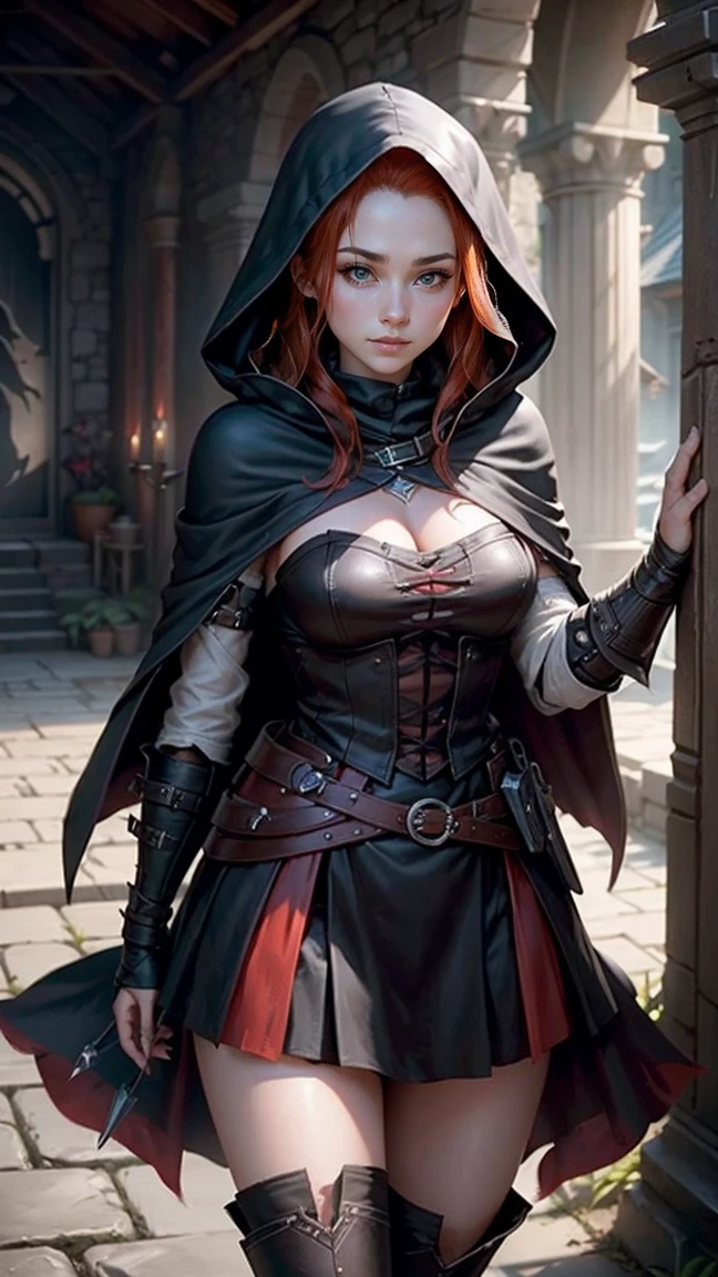 highest quality、masterpiece、8k、Realistic、超High resolution、Very delicate and beautiful、High resolution、Cinema Lighting、medium range shooting、Portraiture、Perfect female body、(Red Hair:1.6)、Opposition、Looking at the audience、((Thieves from Another World、Dark hooded cloak、Quick Movement、Sharp Eye、Light Leather Armor))、Hiding in the Shadows、Lost in the dark night、Quiet Steps、Sharp Dagger、Picking Tools、Stolen Jewels、Secret Lair、Agile body、Cunning Smile、Bag of Loot、Hidden pocket、Deceive the enemy、Ancient maps、Dangerous missions、Codebreaking、Disarming a trap、Black boots、Secret Passage、A trusted companion、Cunning personality、A sense of adventure、Otherworldly Market、A clever disguise、Shadows of the Night、elusive、A magnificent getaway。