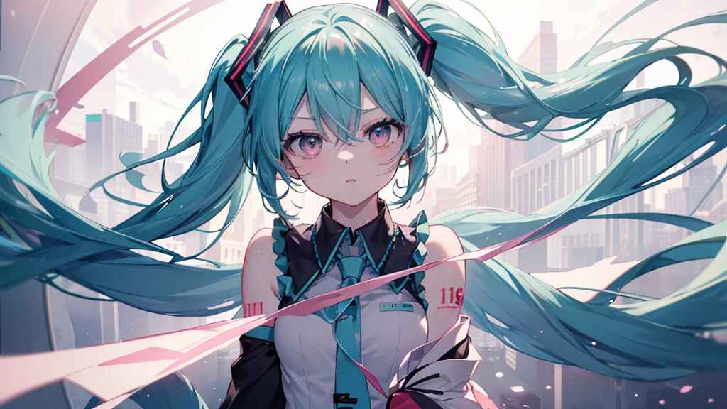 ((Glare,anger,Get Ready)), (((Hatsune Miku))), (((Highest quality、masterpiece、Ultra-fine、Ultra-fine、Exquisite、16K、Full HD,high school girl,))) 、Dark Eyes、Long eyelashes、White skin、(Pale pink lips、Pale pink cheeks、thin and long)、 ((cute)) ((One person)) 、((Glare)) 、Wide Shot、Space galaxy background、(A magnificent composition、epic proportion)、Dynamic lighting、、