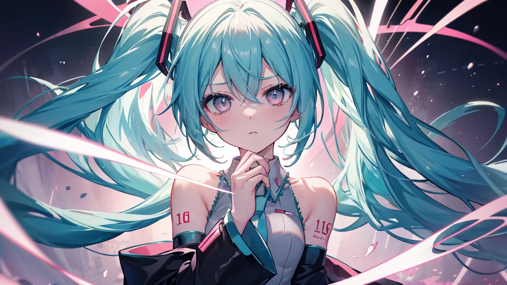 ((Glare,anger,Get Ready)), (((Hatsune Miku))), (((Highest quality、masterpiece、Ultra-fine、Ultra-fine、Exquisite、16K、Full HD,high school girl,))) 、Dark Eyes、Long eyelashes、White skin、(Pale pink lips、Pale pink cheeks、thin and long)、 ((cute)) ((One person)) 、((Glare)) 、Wide Shot、Space galaxy background、(A magnificent composition、epic proportion)、Dynamic lighting、、