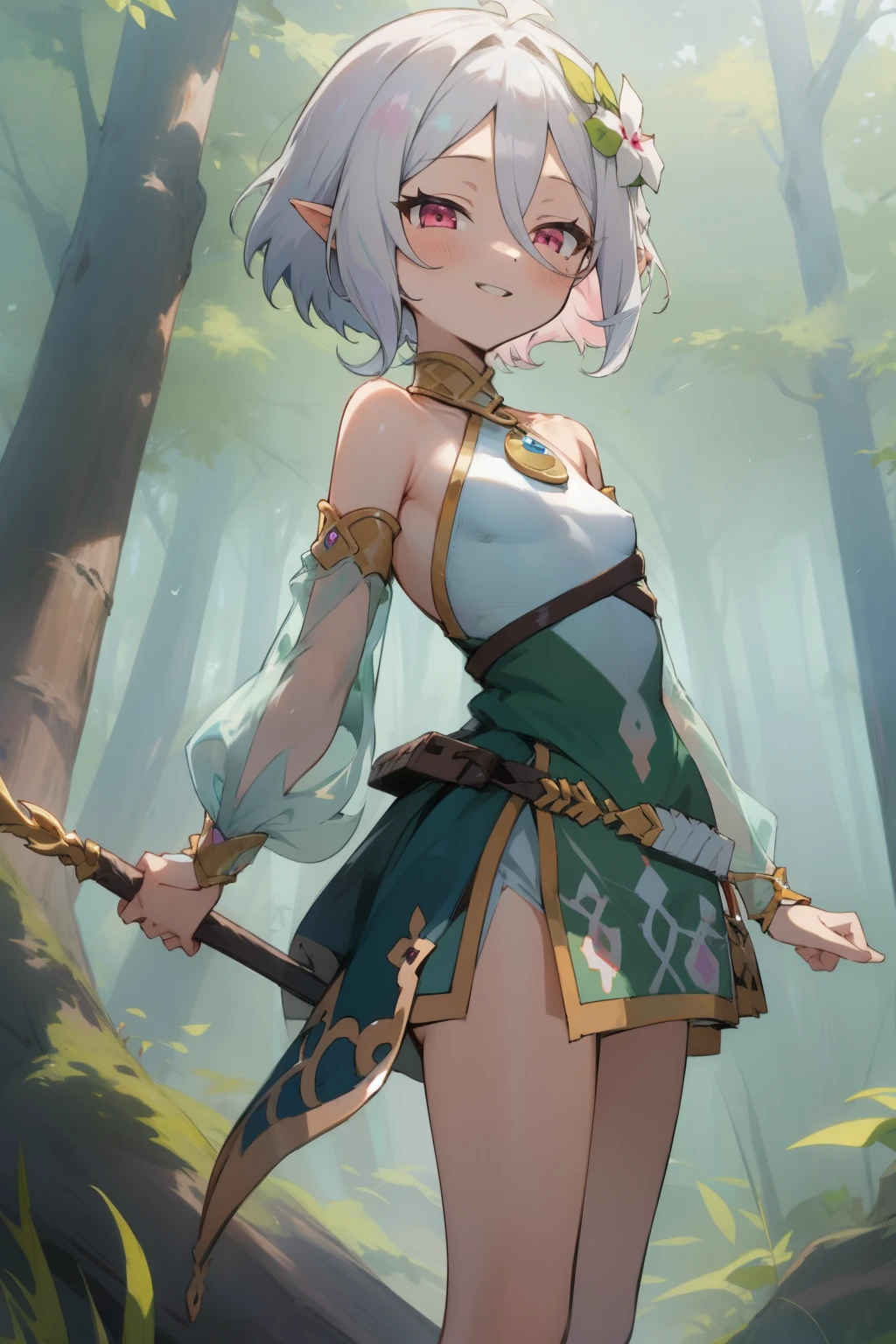 masterpiece, best quality, ultra-detailed, 1girl(kokkoro, lovely small breasts,    white hair, short hair, pink eyes) , smile, parted lips,  solo, white dress, detached sleeves, in the  forest, standing, 