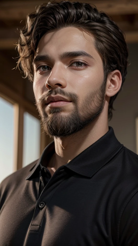 Black man with a beard and polo shirt and light brown eyes