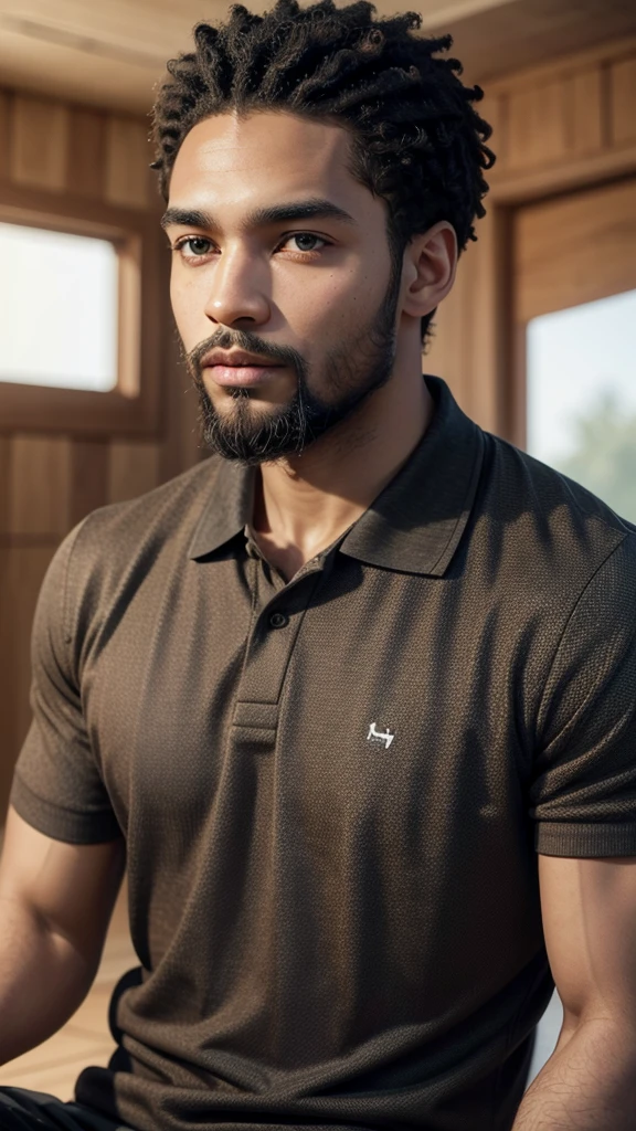 Black man with a beard and polo shirt and light brown eyes 
