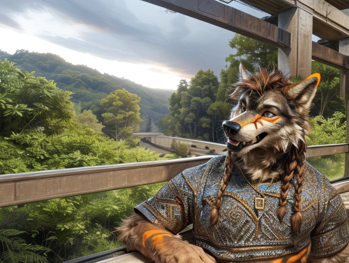 (by darkgem:1.4), masterpiece, best details, real life, depth of field, detailed background, (bright lighting:1.4), nude, solo, (anthro), with bushy pubic hair and armpit hair, smiling, attitude, clear details, powerful, pleasure, covered in fur, fangs, tongue, ((anthro male wolf:1.4), sexy guy man, (brown fur, yellow belly fur, orange markings, braids)), on a veranda, in a forest