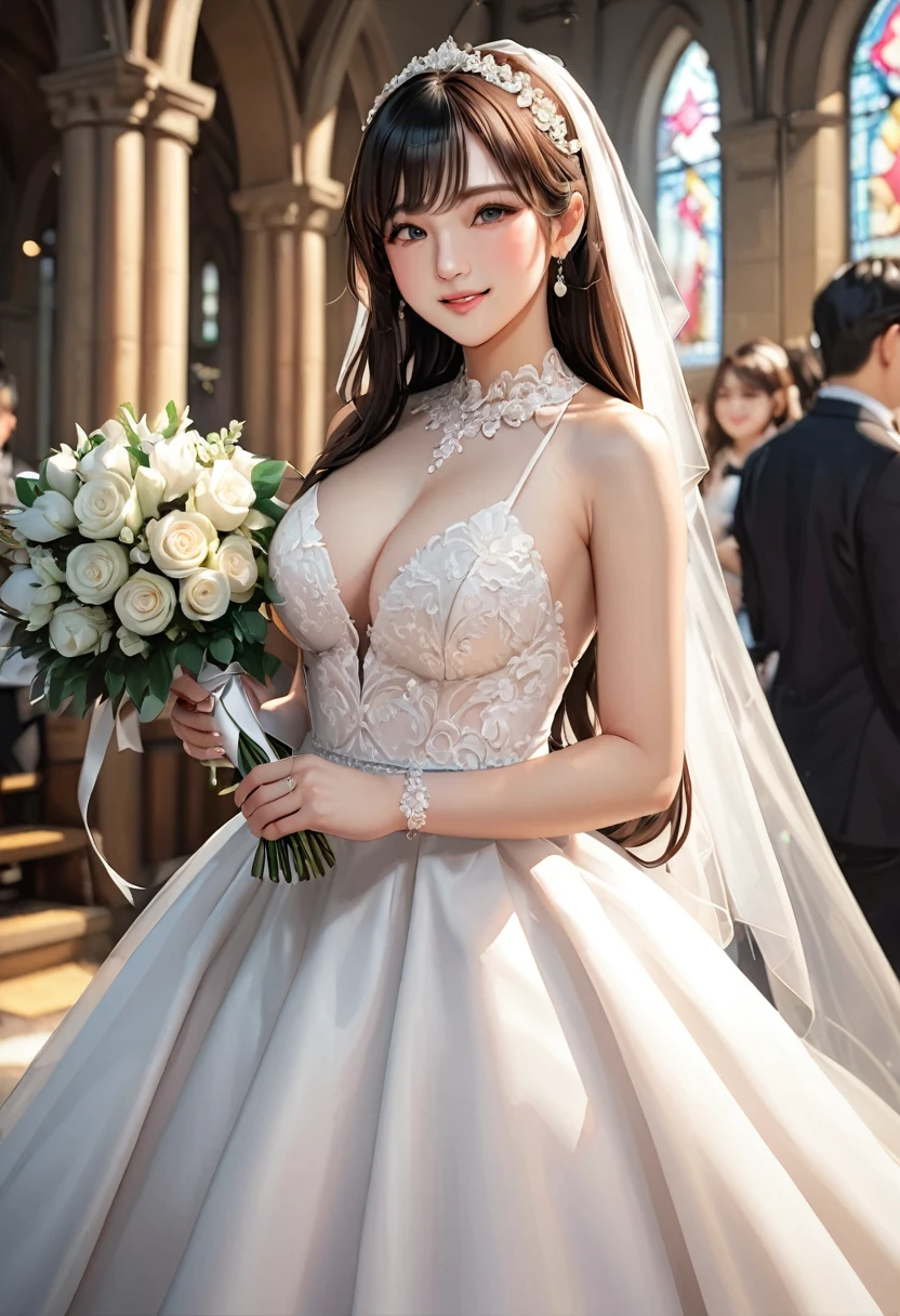 (Highest quality, masterpiece:1.2), (Realistic:1.3),, (ultra-Detailed Background, Detailed Background), Bokeh,, , Gorgeous Prom Dresses, Luxury Prom Dresses, Wedding dress, Bridal Veil, Bridal Gauntlet, Bridal Cascading Bouquet,, Upper Body,, Church wedding,, , One girl, cute, Teen, Pause, smile,, Dynamic Angle, ダイナミックなPause,, , Very long hair