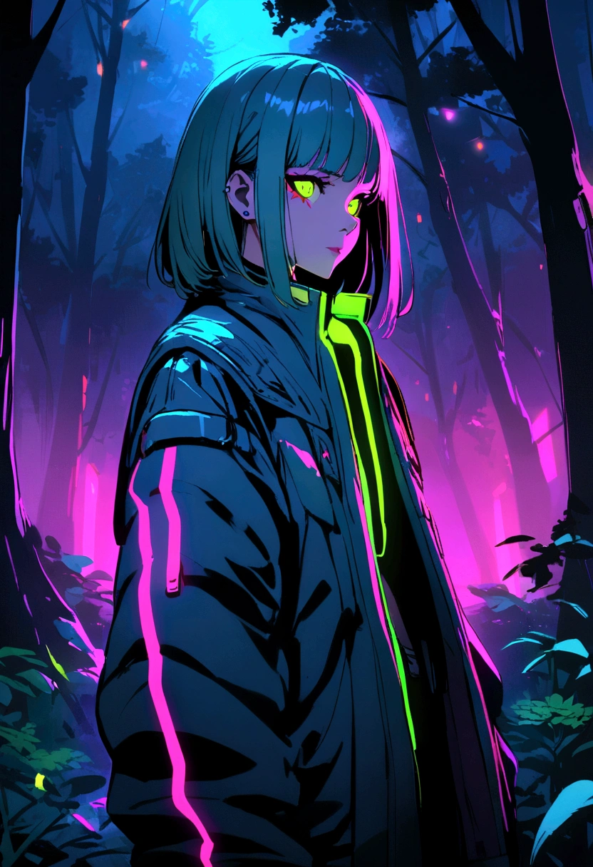 neon, cyberpunk, night, nocturnal, forest