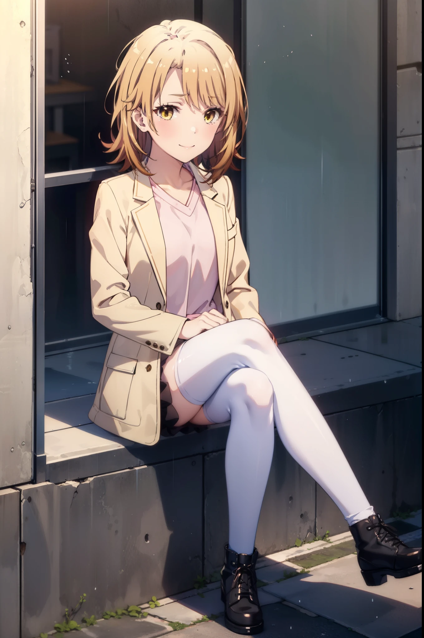 Irohaisshiki, isshiki iroha, short hair, Brown Hair, (Brown eyes:1.5), happy smile, smile, Close your mouth,blush,rain,Pink oversized coat,V-neck shirt,mini skirt,Black pantyhose,short boots,Sitting leaning against the wall,Hiding in a roofed building,whole bodyがイラストに入るように,
break outdoors, Building district,
break looking at viewer,whole body,
break (masterpiece:1.2), Highest quality, High resolution, unity 8k wallpaper, (figure:0.8), (Beautiful attention to detail:1.6), Highly detailed face, Perfect lighting, Highly detailed CG, (Perfect hands, Perfect Anatomy),