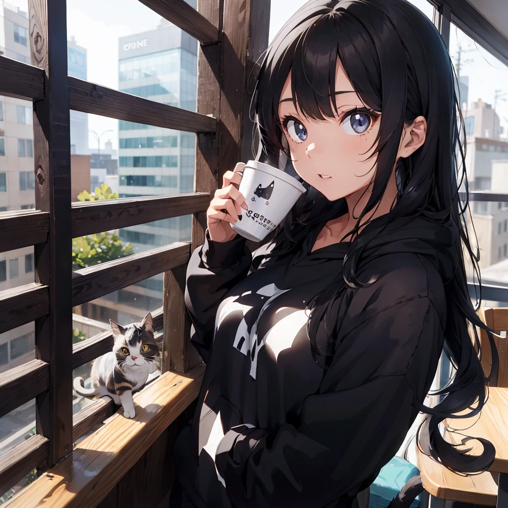 1 girl, black hoodie, long hair, beautiful face, cool, intimidation, black hair, drinking coffee, window, cat girl, anime girl, anime idol