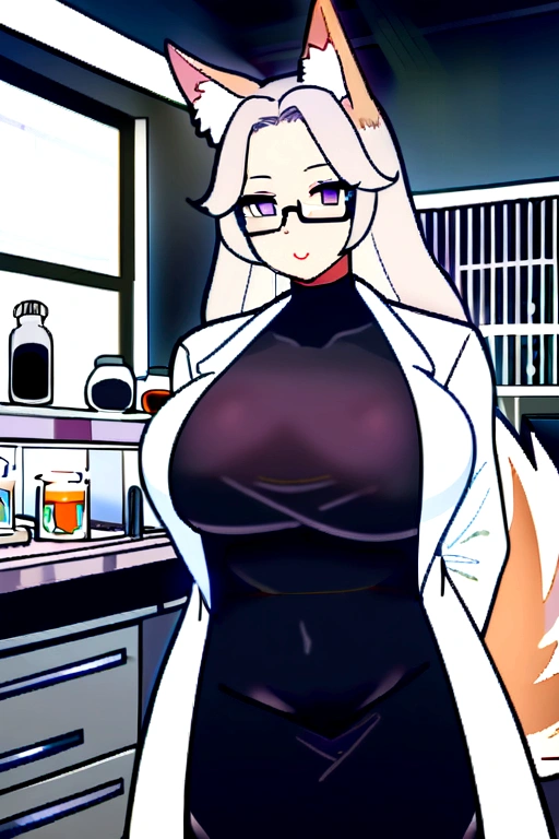 1 girl, silver hair, long hair, fox ears, 3 fox tails, curvy body, mature body, lab coat, purple eyes, laboratory, glasses, in room, Mansion Kitchen