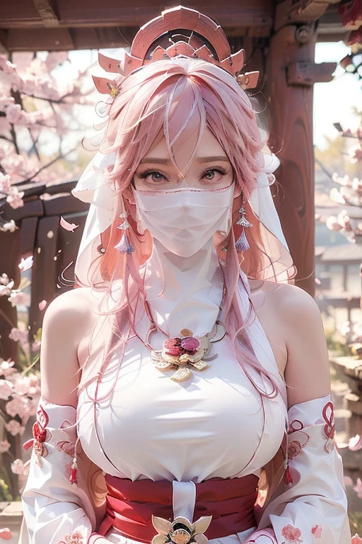 pink hair,masterpiece,extremely detailed,CG,2k wallpaper,Amazing,finely detail,extremely detailed CG unity 8k wallpaper,huge filesize,ultra-detailed,shenzi,1 girl,cosplay,Yaeko Nogi (Tokyo 7th Sisters),confident eyes,super detailed face, blush, Detailed lips, (big eyes:1.4), Double eyelids,(long flowing hair:1.1),traditional shrine maiden outfit,red and white colors,tied-up hair,red ribbon,wearing face veil, (veil, miansha, white face veil, silk mask face veil:1.3),cherry blossom petals,torii gate background,holding a sacred staff,elegant posture,focused expression,outdoor shrine setting.,