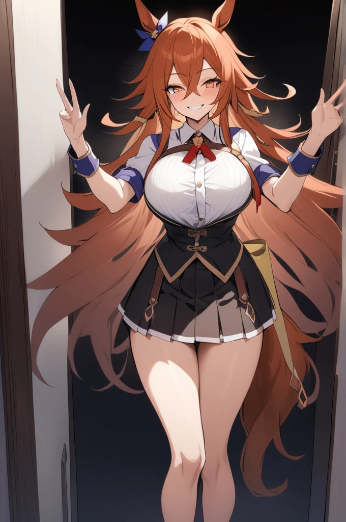,1 personの女の子,smile, View your viewers,masterpiece,Highest quality,masterpiece, Highest quality, 1 person,( Are standing, View your audience,),Detailed Background、A person who writes in detail、Accurate human body、Knowledgeable person、Accurate 5 fingers,Cruby Body,((Large Breasts)),orfevre \(umamusume\),black short skirt