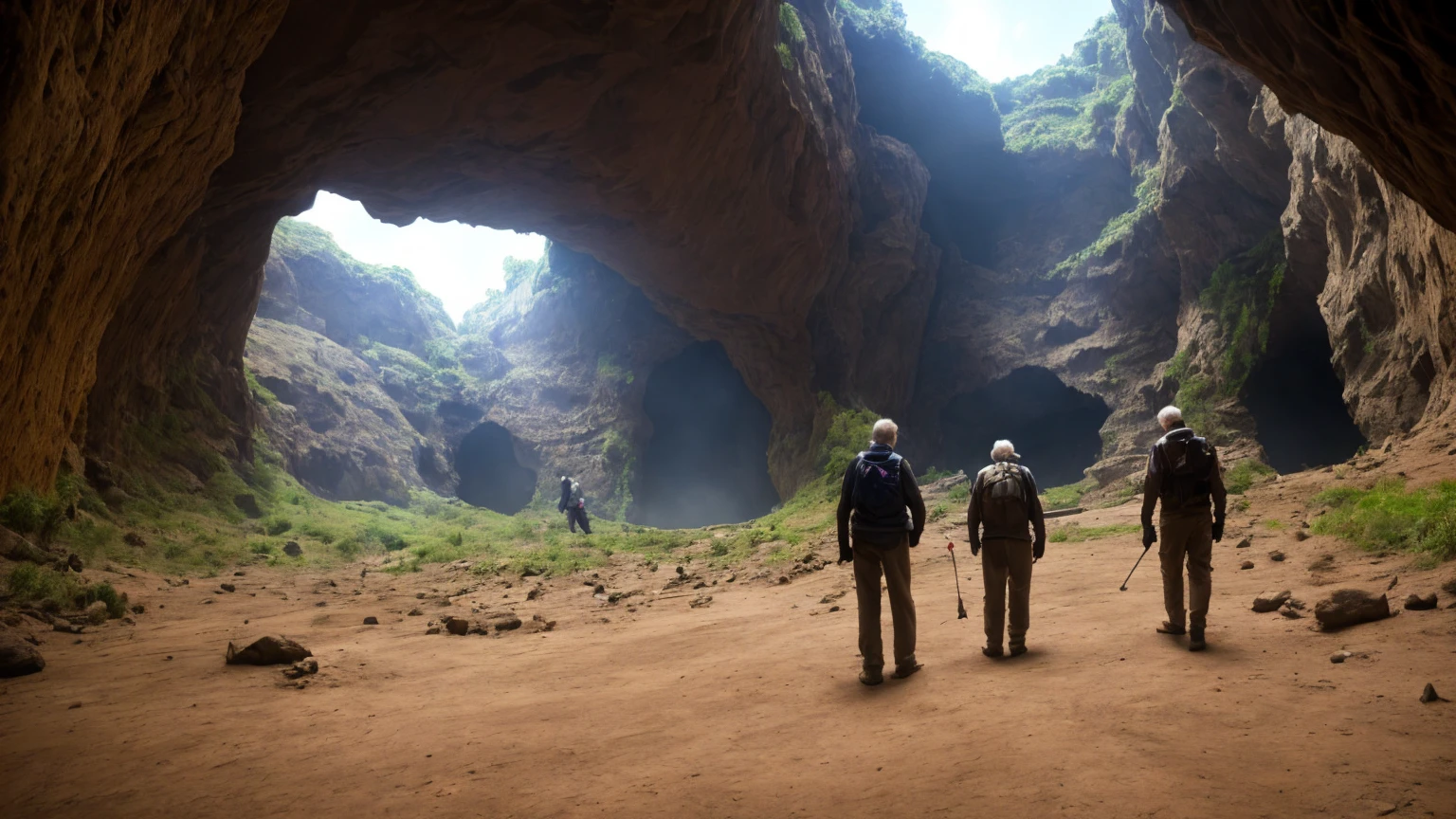 group of male and old researchers, exploring a dark alien cave