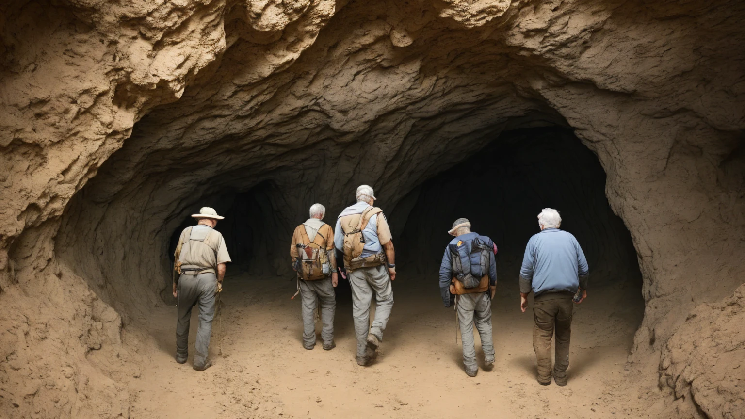 group of male and old researchers, exploring a dark alien cave 