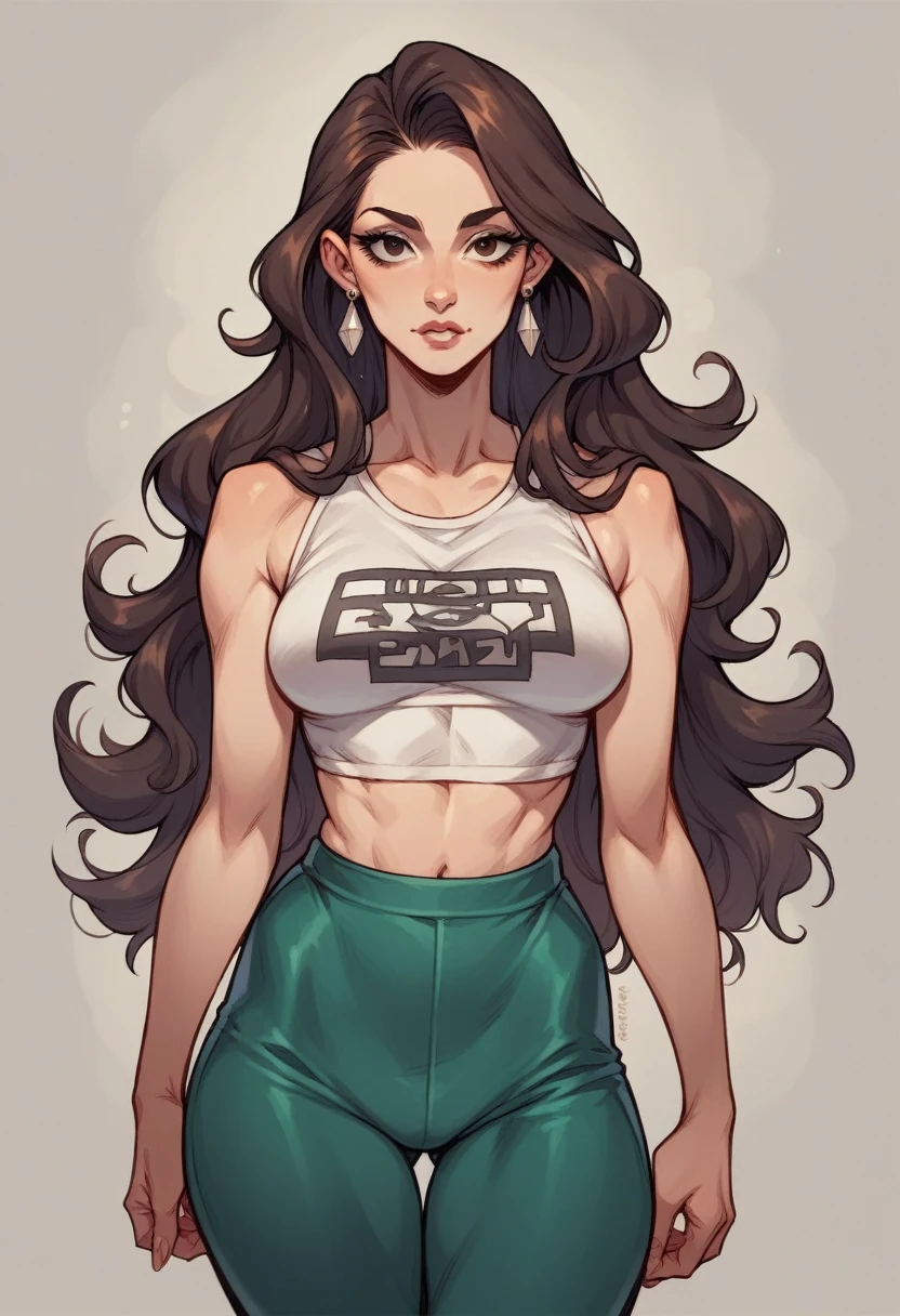 Create a brunette woman, dark-eyed, Grinning, de seios grandes, with gym clothes