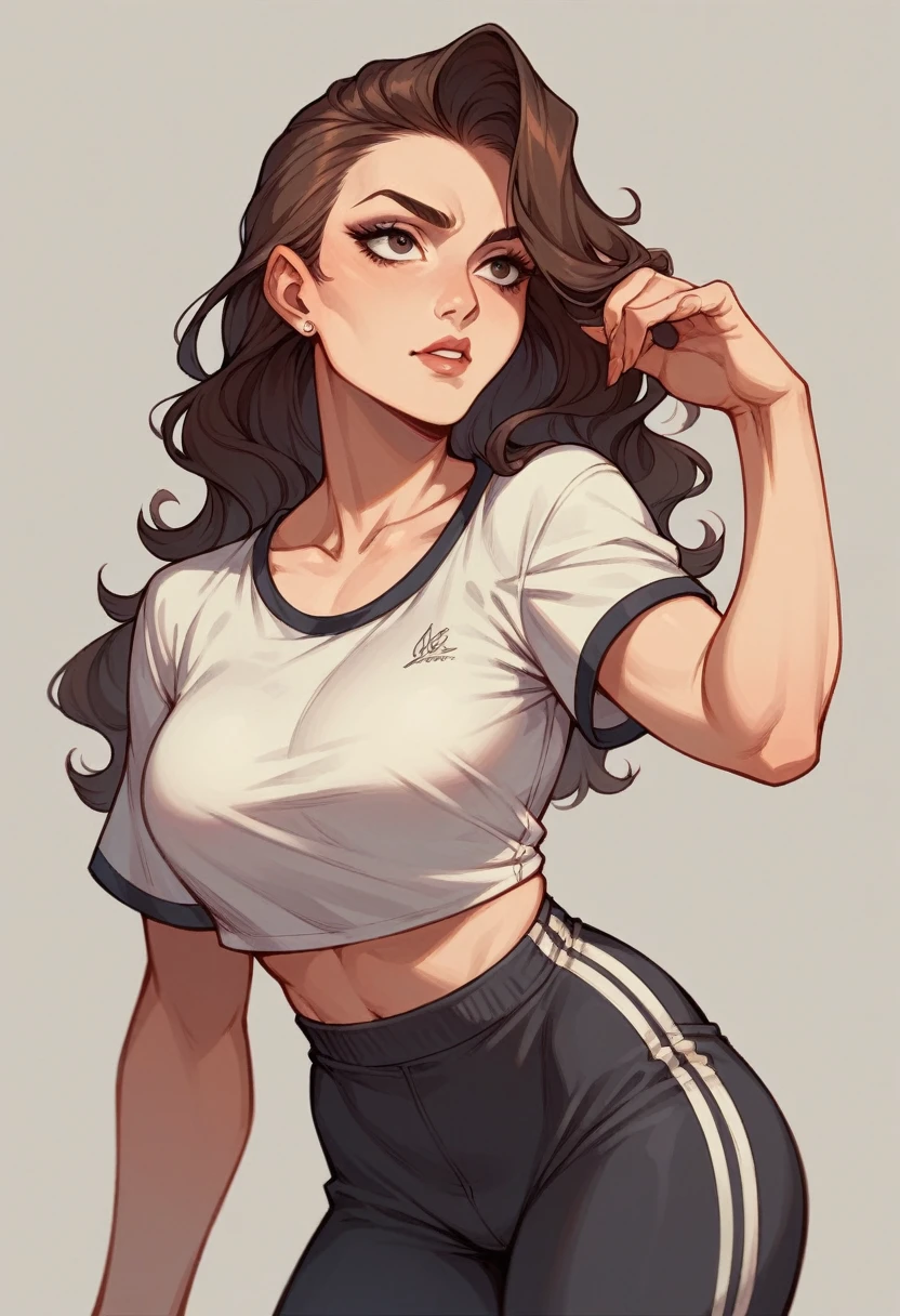 Create a brunette woman, dark-eyed, Grinning, de seios grandes, with gym clothes