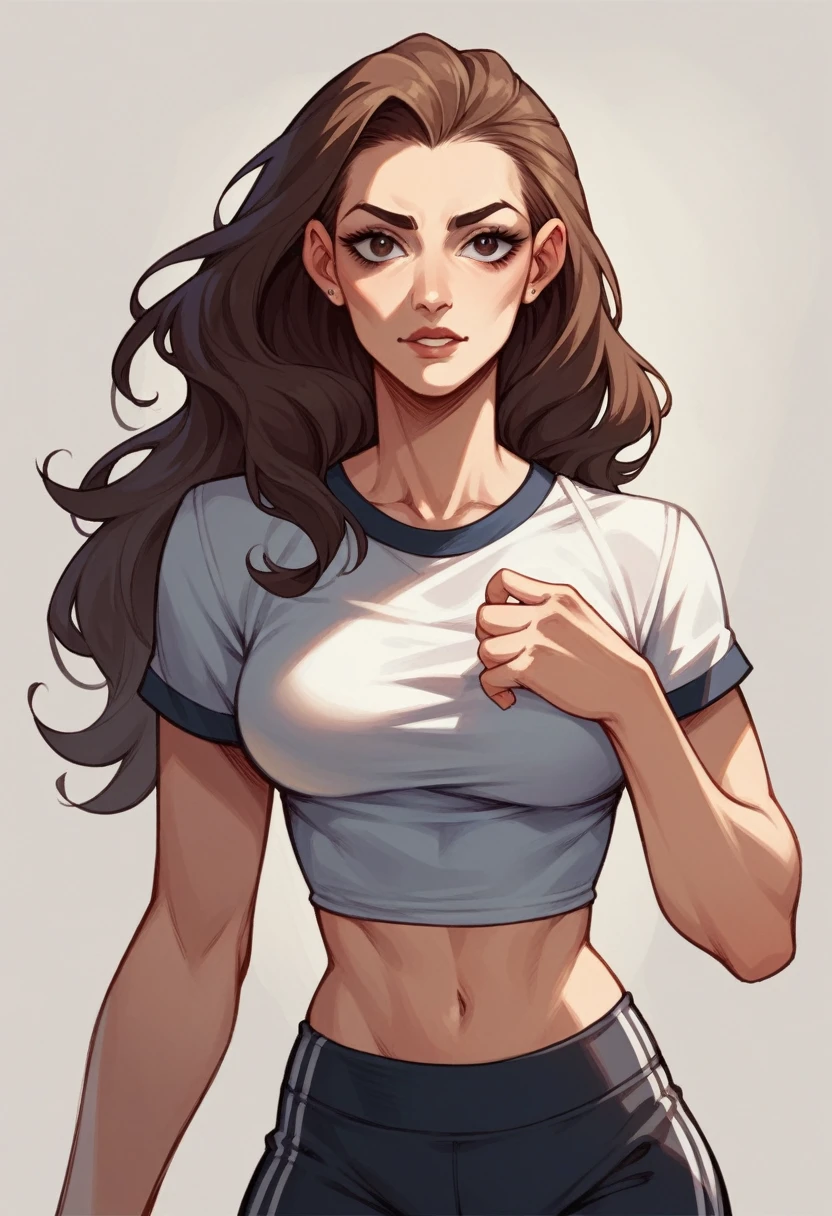 Create a brunette woman, dark-eyed, Grinning, de seios grandes, with gym clothes