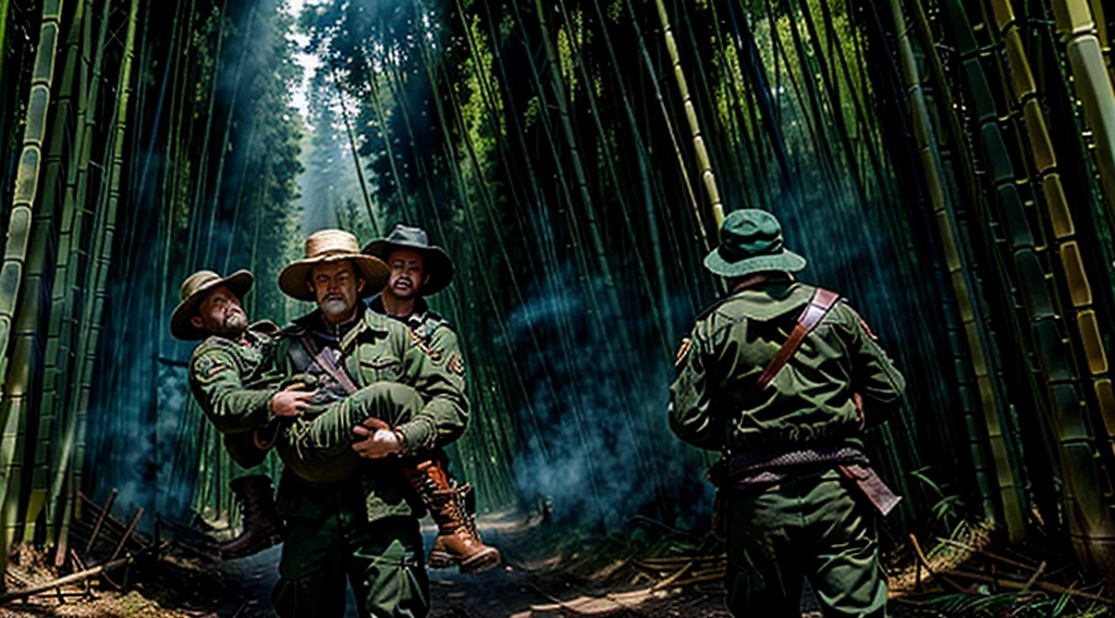 The Captain of the Forest -- closed hunter's jacket, long pants and hunter's boots, with a straw hat, he is wounded and is carried by the men who are his henchmen = one on the left side, the other on the right side - - a lot of smoke - he is carried by two henchmen - a lot of smoke - the captain of the forest carried by henchmen gets up from the ground - leaving the forest in the background a bamboo grove
