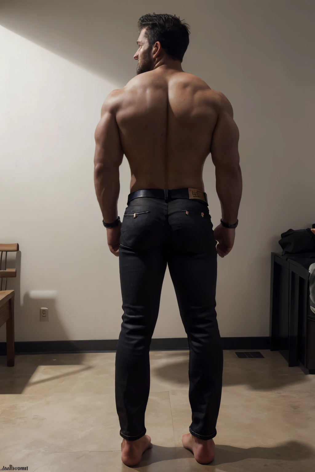 Award-winning original photoen, 30 years old man and wild muscular man, 40 years old, short beards, burly, hunk, wearing shirts, smilling happil, detailed, lovely, ((full body)), (((shirtless )))(((black black jeans))) (((backside))) (((Big butt)))